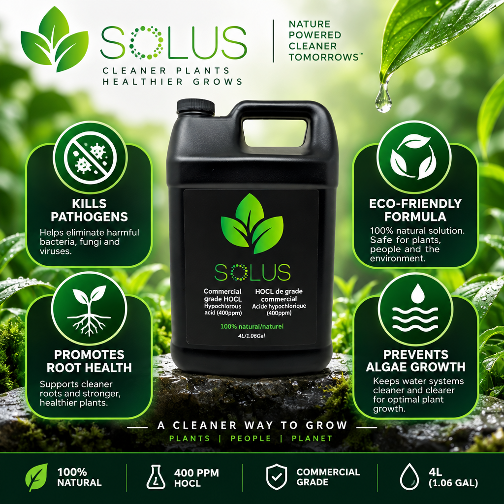 Infographic banner for SOLUS Hypochlorous Acid highlighting pathogen elimination and eco-friendly benefits.