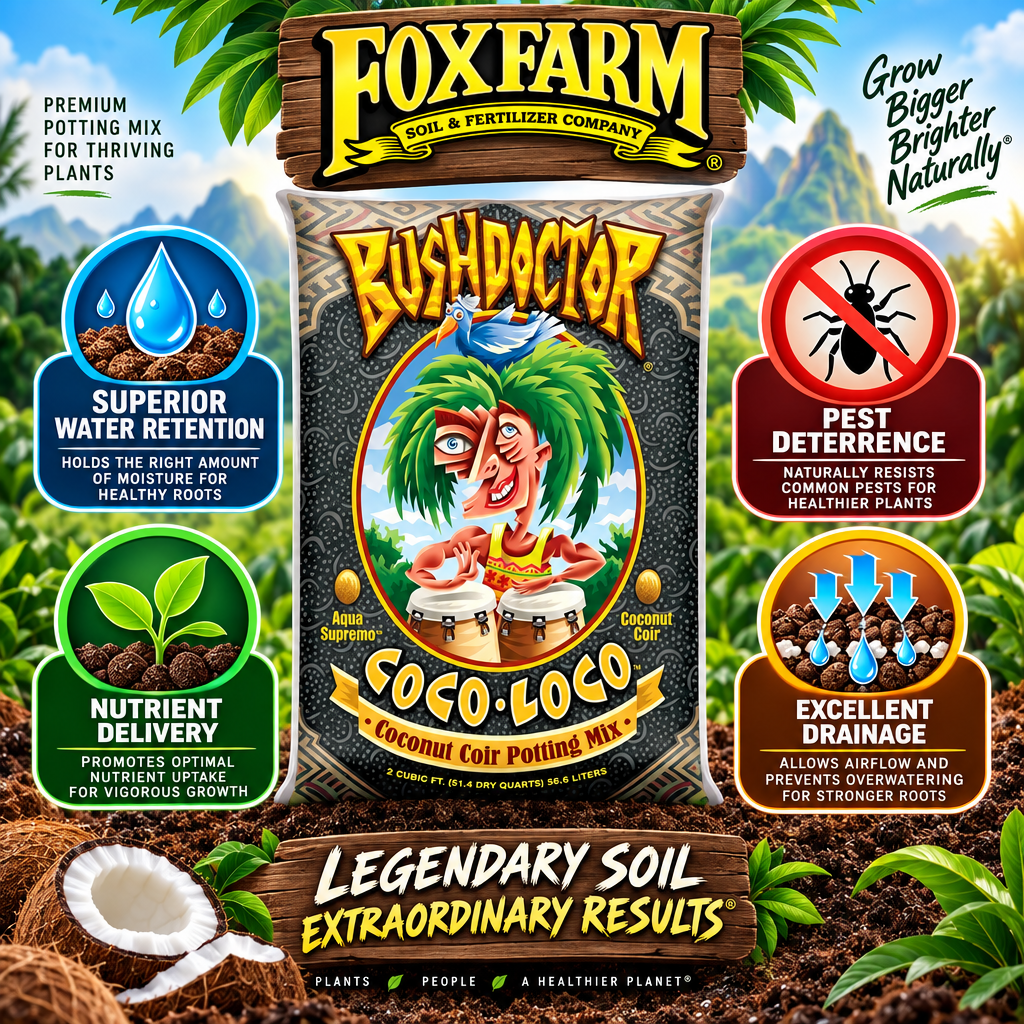 Infographic banner showcasing FoxFarm Bush Doctor Coco Loco Potting Mix benefits: water retention, pest deterrence, and nutrient delivery.