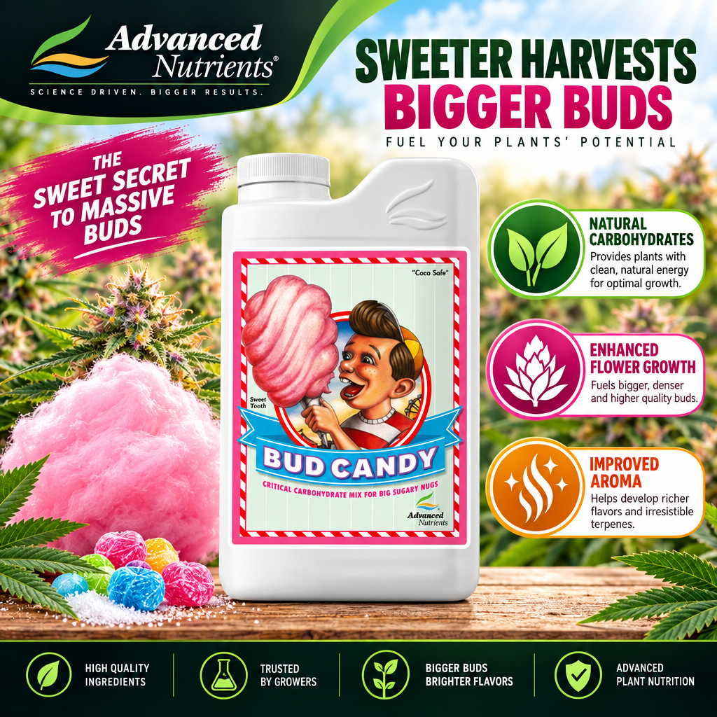 Infographic banner showcasing Bud Candy's benefits like enhanced flavor and growth with Advanced Nutrients branding.