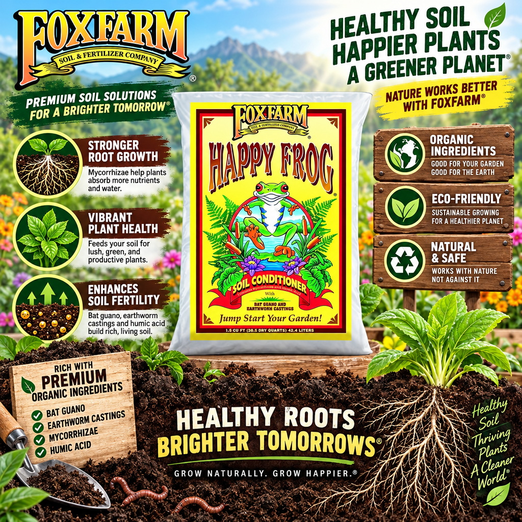 Infographic showcasing FOX FARM Happy Frog Soil Conditioner benefits: organic roots, enhanced growth, eco-friendly.