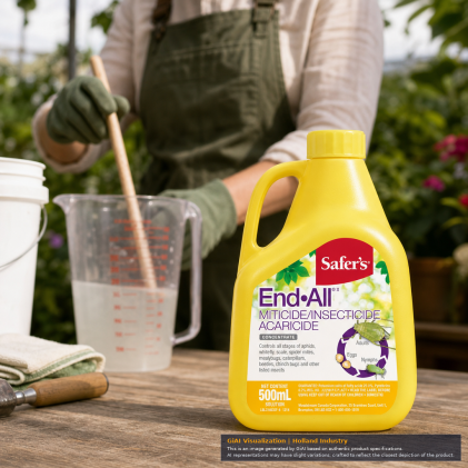 Safer's End-All Concentrate 500 ml yellow jug on table with person spraying plants in background