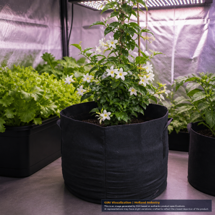 GROWERBASICS 5 gallon black fabric grow pot with side handles and planted green shrub