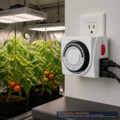GrowerBasics 24-hour dual outlet grounded analog timer with white housing, black dial and red override switch