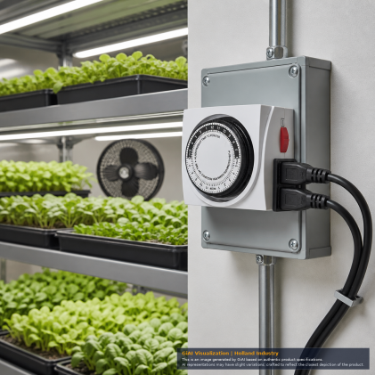 GrowerBasics 24-hour dual outlet grounded analog timer with white housing, black dial and red override switch