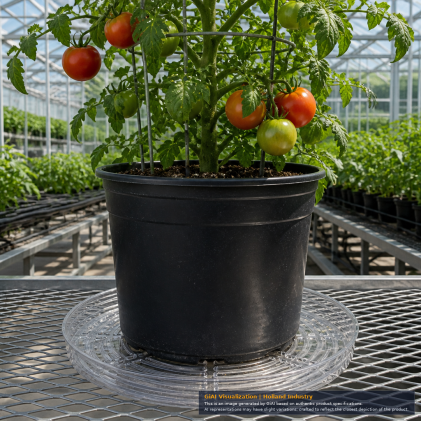 Clear 17-inch round plastic plant saucer with raised concentric drainage ribs