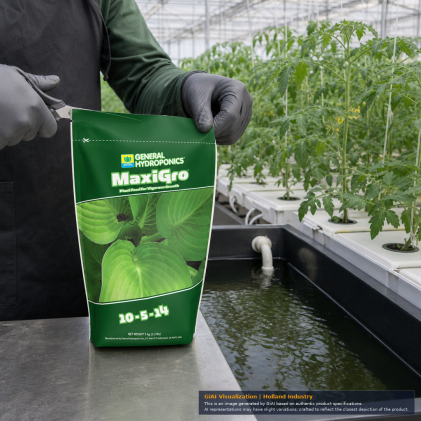 General Hydroponics MaxiGro 10-5-14 dry nutrient 2.2 lb green stand-up pouch front view