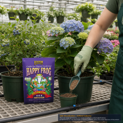 FoxFarm Happy Frog Acid Loving Plants 4-5-3 dry fertilizer in a purple 4 lb bag