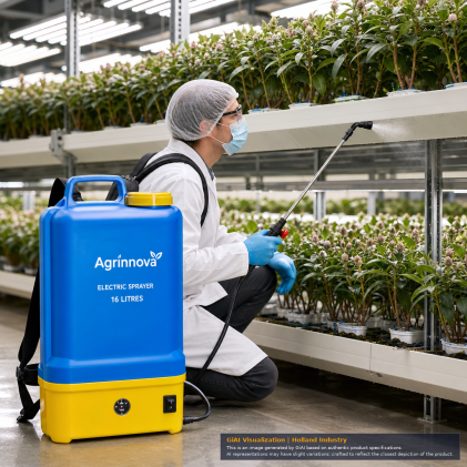 Agrinnova 16 L electric backpack sprayer with blue tank, yellow base, black hose and metal spray wand