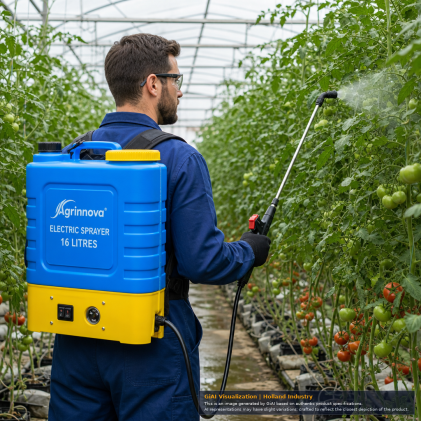 Agrinnova 16 L electric backpack sprayer with blue tank, yellow base, black hose and metal spray wand