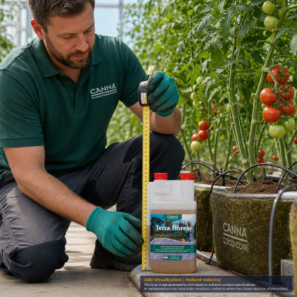 CANNA Terra Flores 1 litre one-part flowering nutrient in translucent twin-neck dosing bottle with two red caps