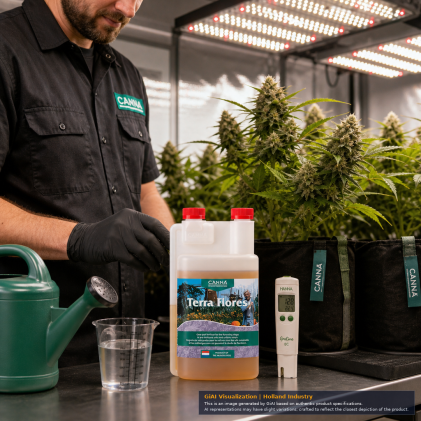 CANNA Terra Flores 1 litre one-part flowering nutrient in translucent twin-neck dosing bottle with two red caps