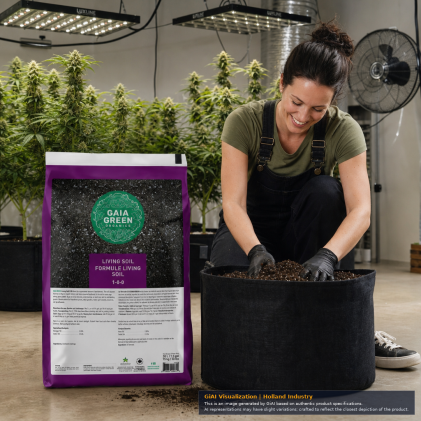 Gaia Green Living Soil 30 L bag with purple border and 1-0-0 organic growing medium label