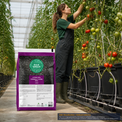 Gaia Green Living Soil 30 L bag with purple border and 1-0-0 organic growing medium label