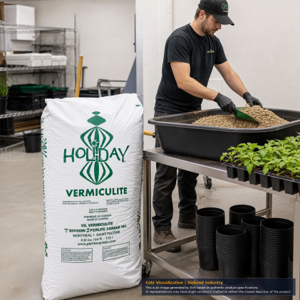 Holiday Vermiculite 112-litre commercial bag shown in a horticultural growing environment