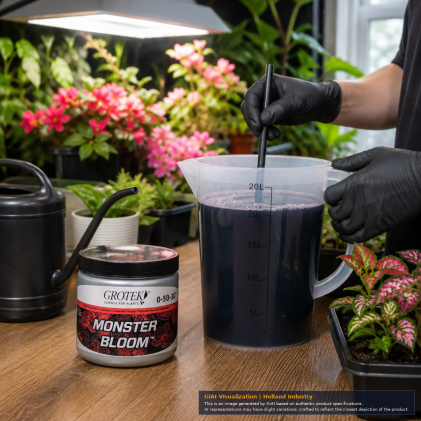 Grotek Monster Bloom 130g container with black lid and red floral design.