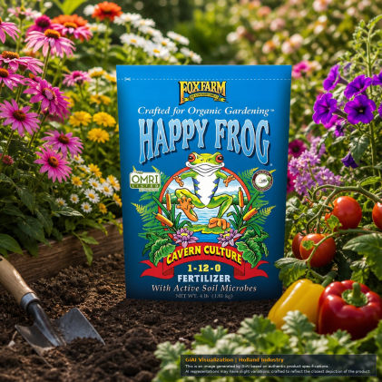 Happy Frog Cavern Culture Fertilizer 4 lb Bag showcasing outdoor garden use