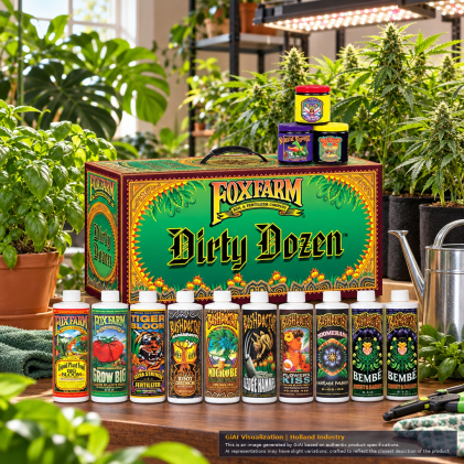 FoxFarm Dirty Dozen Starter Kit featuring 12 nutrient products with vibrant packaging.