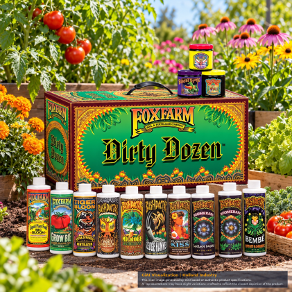 FoxFarm Dirty Dozen Starter Kit featuring 12 nutrient products with vibrant packaging.